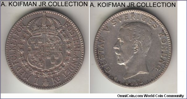KM-786.1, 1918 Sweden krona; silver, reeded edge; Gustaf V, with dots in the date, scarce year with small mintage, very fine details, old cleaning.