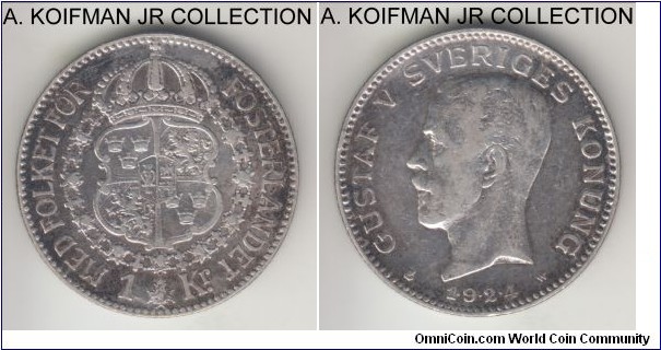 KM-786.1, 1924 Sweden krona; silver, reeded edge; Gustaf V, dots in the date, fine details, toned and cleaned.