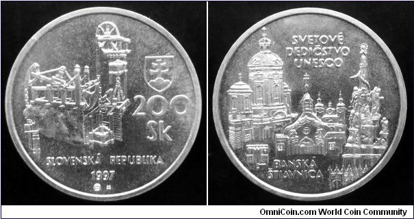 Slovakia 200 korun. 1997, UNESCO World  Heritage - Banská Štiavnica. Ag 750. Weight; 20g. Diameter; 34mm. Mintage: 16.500 pcs.