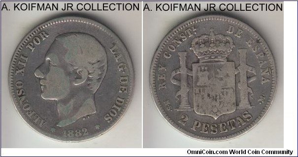 KM-678, 1882(82) Spain peseta, MSM, Madrid mint (6-star mint mark); silver, reeded edge; Alfonso XII, very good or about.