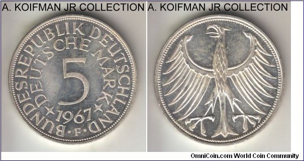KM-112.1, 1967 Germany 5 marks, Stuttgart mint (F mint mark); silver, lettered edge; circulation issue, choice uncirculated, minor reverse toning.