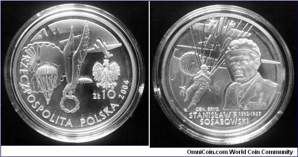 Poland 10 złotych. 2004, Gen. Stanisław F. Sosabowski commander of the Polish 1st Parachute Brigade that fought in the Battle of Arnhem. Ag 925. Weight; 14,14g. Diameter; 32mm. Proof. Mintage: 56.000 pcs.