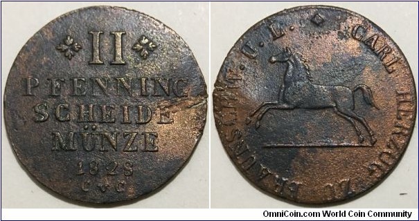 2 Pfenning (Duchy of Brunswick / Duke Karl II // Copper)