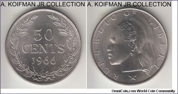 KM-17a.1, 1966 Liberia 50 cents, Royal Mint (London); copper-nickel, reeded edge; small mintage, scarcer in high grades, nice uncirculated specimen.