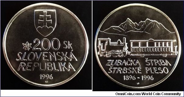Slovakia 200 korun. 1996, Mountain railway between Štrba and Štrbské Pleso. Ag 750. Weight; 20g. Diameter; 34mm. Mintage: 22.000 pcs.