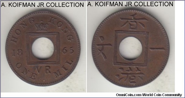 KM-2, 1865 Hong Kong mil; bronze, holed flan, plain edge; Victoria period, no hyphen type, brown uncirculated.