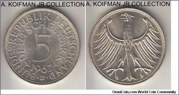 KM-112.1, 1967 Germany 5 marks, Munich mint (D mint mark); silver, lettered edge; circulation issue, choice uncirculated.