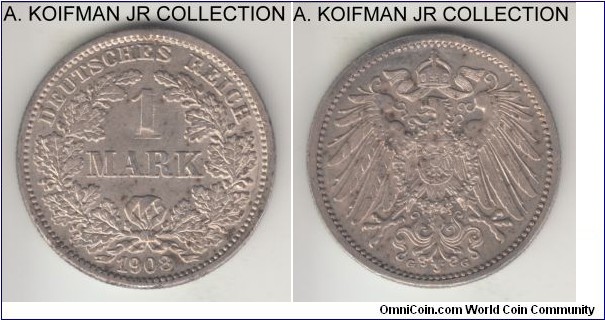 KM-14, 1908 Germany (Empire) mark, Karlsruhe mint (G mint mark); silver, reeded edge; Wilhelm II, scarcer mint with smallest mintage for the year, borderline uncirculated, some minor toning.