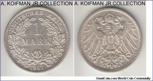 KM-14, 1907 Germany (Empire) mark, Karlsruhe mint (G mint mark); silver, reeded edge; Wilhelm II, uncirculated or so.