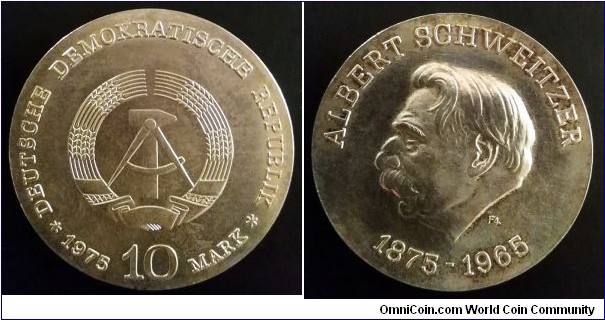 German Democratic Republic (East Germany) 10 mark. 1975, 100th Anniversary of Birth of Albert Schweitzer. Ag 625. Weight; 17g. Diameter; 31mm.