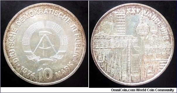 German Democratic Republic (East Germany) 10 mark. 1974, 25th Anniversary of the German Democratic Republic. Ag 625. Weight; 17g. Diameter; 31mm. Partially toned.