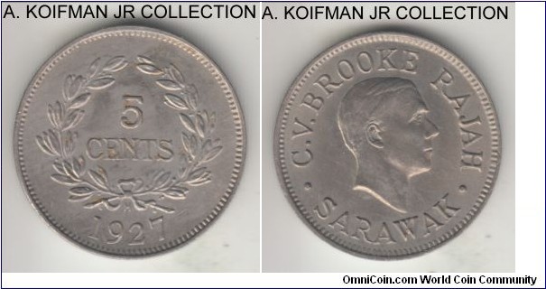 KM-14, 1927 Sarawak 5 cents, Heaton mint (H mint mark); copper-nickel, plain edge; Charles V. Brooke, uncirculated or almost, some reverse toning.