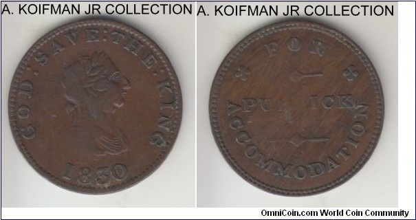KM-Tn16, 1830 Isle of man half penny token; copper, plain edge; FOR PUBLIC ACCOMODATION, scarce, good fine or better although the center was weakly struck.