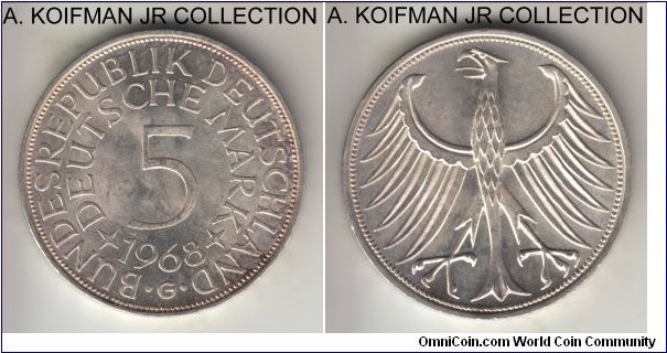 KM-112.1, 1968 Germany 5 marks, Karlsruhe mint (G mint mark); silver, lettered edge; circulation issue, one of the smaller mintage years, choice uncirculated.