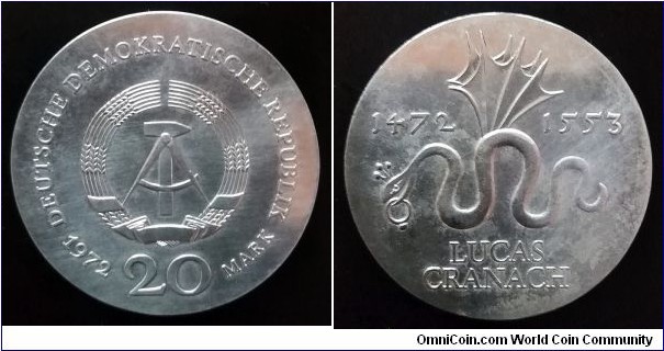 German Democratic Republic (East Germany) 20 mark. 1972, 500th Anniversary of the Birth of Lucas Cranach. Ag 625. Weight; 20,9g. Diameter; 33mm.