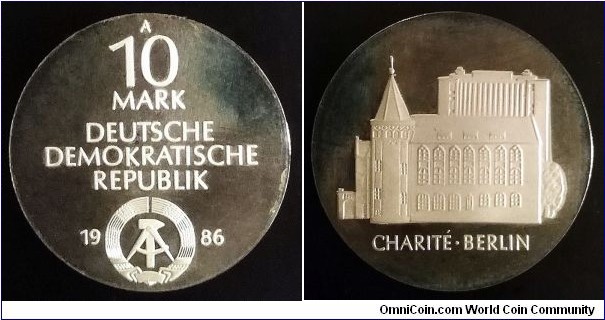 German Democratic Republic (East Germany) 10 mark. 1986, 275th Anniversary of Charité in Berlin. Ag 500. Weight; 17g. Diameter; 31mm. Proof. Ultra cameo. Mintage: 4.000 pcs.