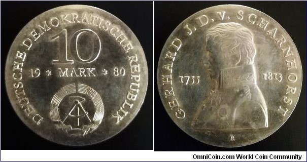 German Democratic Republic (East Germany) 10 mark. 1980, Gerhard J. D. von Scharnhorst. Ag 500. Weight; 17g. Diameter; 31mm.