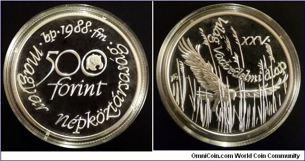 Hungary 500 forint. 1988, 25th Anniversary of World Wildlife Found. Ag 900. Weight; 28g. Diameter; 40mm. Proof. Mintage: 25.000 pcs.