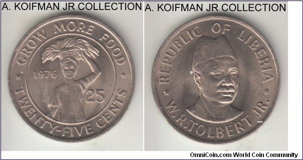 KM-30, 1976 Liberia 25 cents; copper-nickel, reeded edge; FAO themed circulatioon strike, choice uncirculated. 