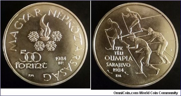 Hungary 500 forint. 1984, Winter Olympics Sarajevo 1984. Ag 640. Weight; 28g. Diameter; 40mm. Mintage: 8.000 pcs.