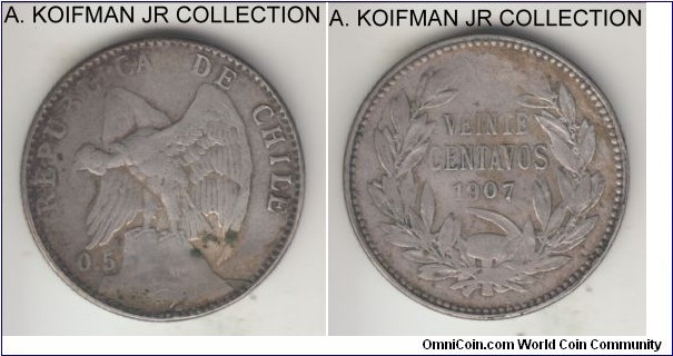 KM-151.2, 1907 Chile 20 centavos, Santiago mint (So mint mark); silver, reeded edge; obverse silver finess 0.5 type, well circulated fine or almost.