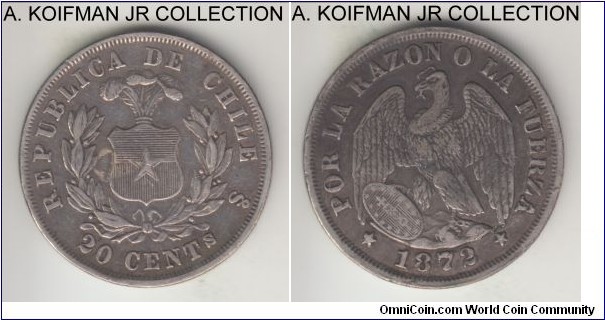 KM-138.1, 1872 Chile 20 centavos; silver, reeded edge; good very fine or so. 