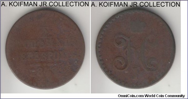 C#144, 1842 Russia (Empire) kopek, Izora mint (СПМ mint mark); copper, plain edge; Nikolas II, worn and the last digit of the date is a guess but visible part of the mint mark suggests 1842 Izora issue.