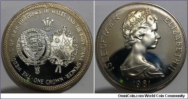 1 Crown (Isle of Man - British Crown Dependency / Queen Elizabeth II / Marriage of Prince Charles and Lady Diana // SILVER 0.925 / 28.28g / ⌀38.61mm / Low Mintage: 15.000 pcs / PROOF)
