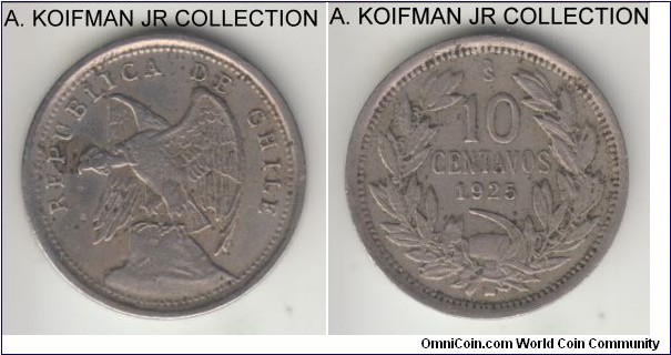 KM-166, 1925 Chile 10 centavos, Santiago mint (So mint mark); copper-nickel, plain edge; average very fine details, dirty and some spots.