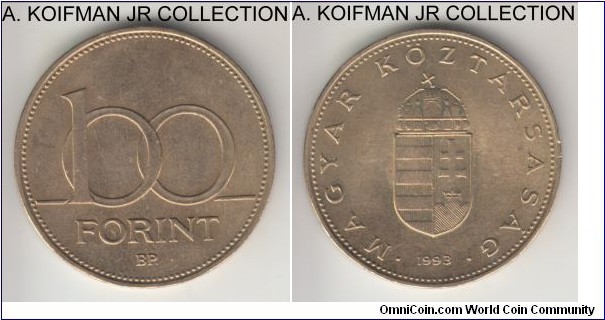 KM-698, 1993 Hungary 100 forint, Budapest mint (BP. mintmark); nickel-brass, ornamented edge; circulation issue, bright uncirculated.