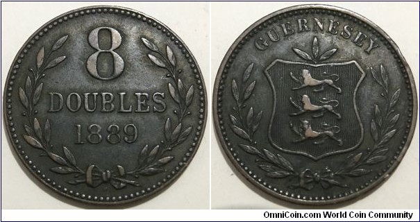 8 Doubles (Bailiwick of Guernsey - British Crown Dependencies / Queen Victoria // Bronze 9.6g / Mintage: 222.000 pcs)