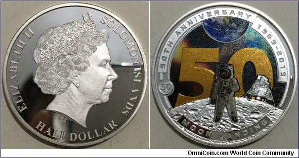1/2 Dollar (Commonwealth - Solomon Islands / Queen Elizabeth II / 50th Anniversary of Moon Landing // Silver plated Copper 28g - ⌀40mm / Low Mintage: 19.069 pcs / PROOF) 