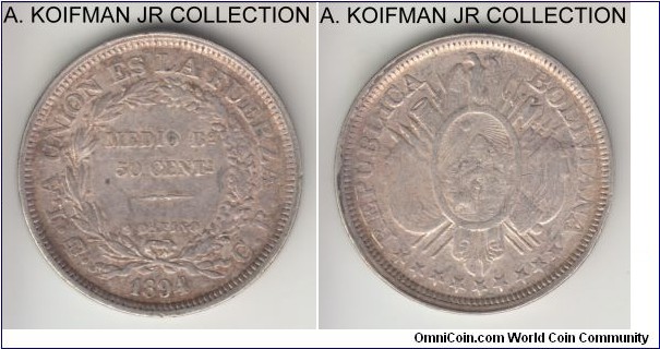 KM-161.5, 1894/1 Bolivia 50 centavos, CB essayer, Potosi mint (PTS mintmark in monogram); silver, reeded edge; 1894/1 overdate, almost uncirculated, a typical weak Bolivian strike of the period.