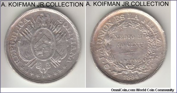 KM-161.5, 1894 Bolivia 50 centavos, CB essayer, Potosi mint (PTS mintmark in monogram); silver, reeded edge; a typical weak Bolivian strike of the period, obverse struck with rusted dies while reverse has a number of die breaks spreading, otherwsize uncirculated details, edge recently filed.