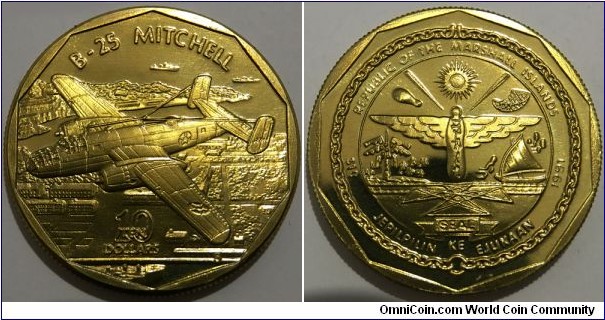 10 Dollars (Republic of the Marshall Islands / Commemorative issue: Aircraft of WWII - B-25 Mitchell // Brass 20.8g)