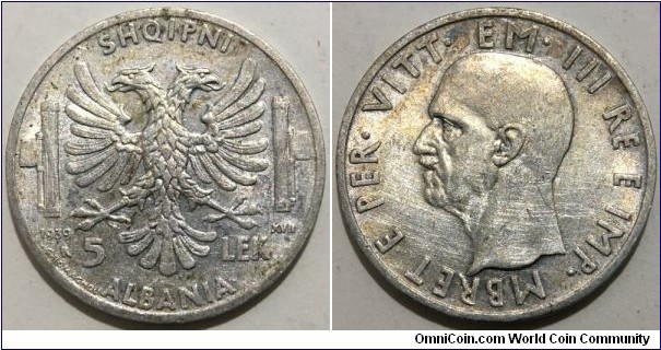 5 Lek (Italian protectorate of Albania / King Victor Emmanuel III // SILVER 0.835 / 5g / ⌀23.1mm)