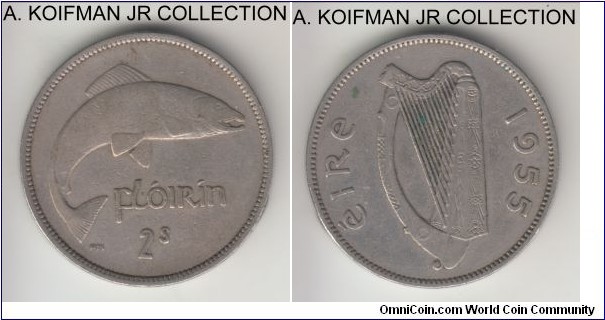 KM-15a, 1955 Ireland florin; copper-nickel, reeded edge; decent circulated.