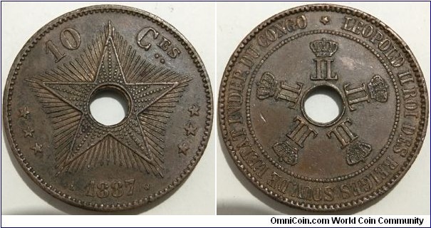 10 Centimes (Congo Free State - État indépendant du Congo / Absolute Sovereign - Leopold II of Belgium // Copper 20.1g / Low Mintage: 40.000 pcs)
