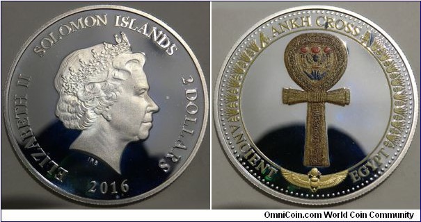 2 Dollars (Commonwealth - Solomon Islands / Queen Elizabeth II / Series: Ancient Egypt - Ankh Cross // SILVER 0.925 / 12g / ⌀38.61mm / Rare, Mintage: 10.000 pcs / PROOF)
