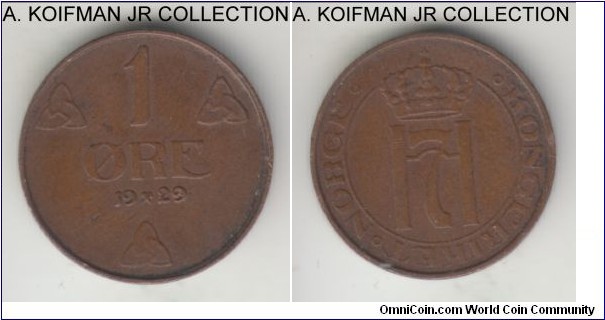 KM-367, 1929 Norway ore; bronze, plain edge; Haakon VII, good very fine to about extra fine.