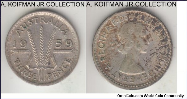 KM-57, 1959 Australia 3 pence; silver, plain edge; Elizabeth II, last pre-decimal type, decent details but heavier toned obverse.