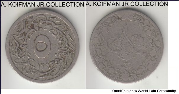 KM-291, AH1293//29 (1903) Egypt 5/10 qirsh; copper-nickel, plain edge; Sultan Abdul Hamid II, fine or almost.