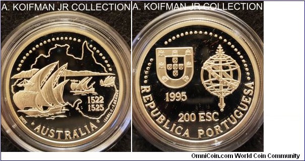 KM-684a, 1995 Portugal 200 escudos; proof, silver, reeded edge; Portuguese Discoveries commemorative series - Australia, mintage 13,000 (Krause) or 10,000 (Numista), gem deep cameo in original mint set.