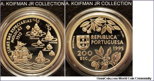KM-682a, 1995 Portugal 200 escudos; proof, silver, reeded edge; Portuguese Discoveries commemorative series - Space Islands Moluca, mintage 13,000 (Krause) or 20,000 (Numista), gem deep cameo in original mint set.