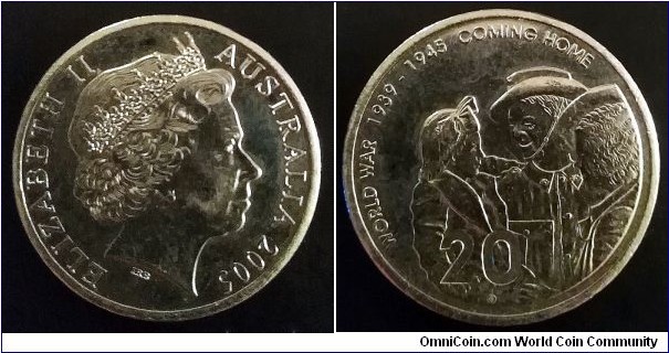 Australia 20 cents. 2005, End of World War II - Comming Home. Second piece in my collection.