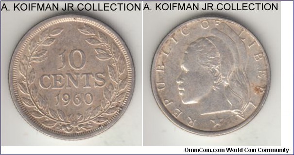 KM-15, 1960 Liberia 10 cents, Philadelphia (US) mint; silver, reeded edge; 2-year type, toned uncirculated or almost.