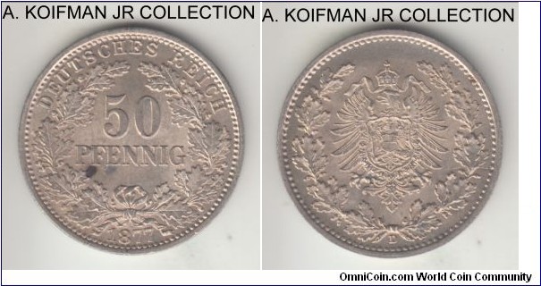 KM-8, 1877 Germany (Empire) 50 pfennig, Munich mint (D mint mark); silver, reeded edge; Wilhelm I, 2-year second type with small eagle in wreath, uncirculated, reverse dark spot.