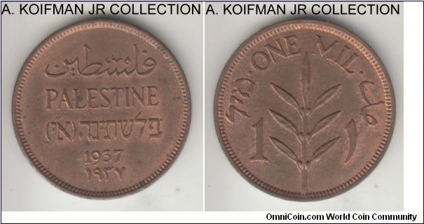 KM-1, 1937 Palestine (British mandate) mil; bronze, plain edge; George VI, scarce, red brown uncirculated.