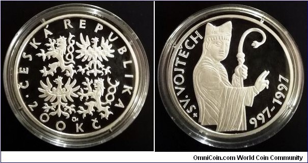 Czech Republic (Czechia) 200 korun. 1000th Anniversary of the Death of St. Adalbert (Sv. Vojtěch, Św. Wojciech) Ag 900. Weight; 13g. Diameter; 31mm. Proof. Mintage: 3.000 pcs.