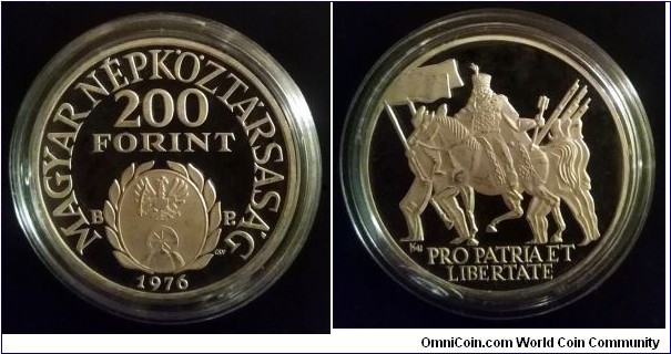 Hungary 200 forint. 1976, Francis II Rákóczi. Ag 640. Weight; 28g. Diameter; 37mm. Proof. Mintage: 5.000 pcs.